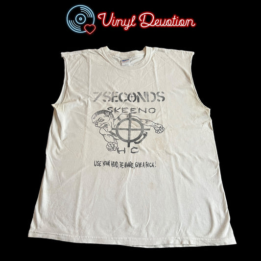 7 Seconds Band Skeeno Use Your Head White T-Shirt Size L Cut Sleeves